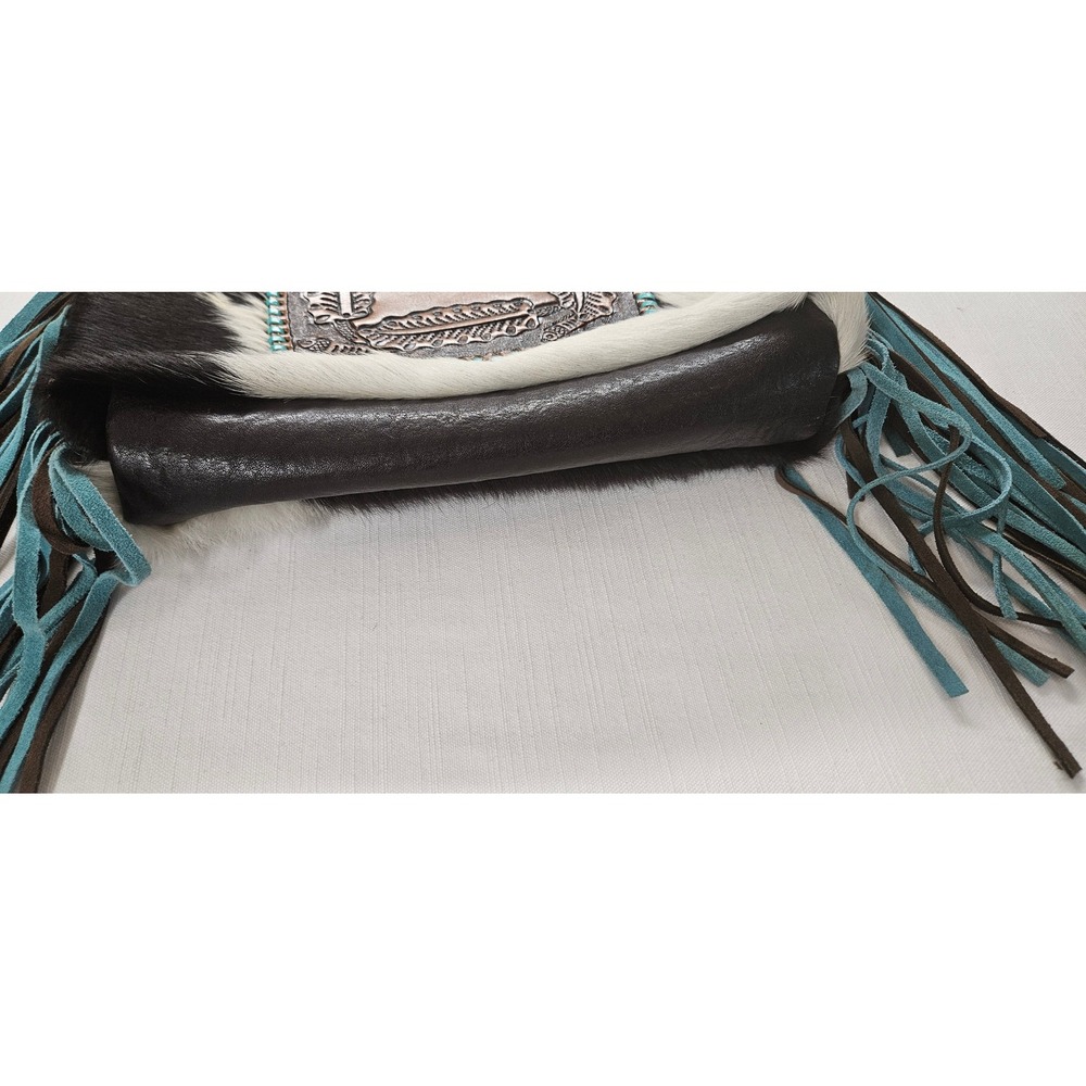 Myra Bag Cowhide Crossbody Fringe Western Hand Tooled LeatherTurquoisBlack White - Picture 6 of 7